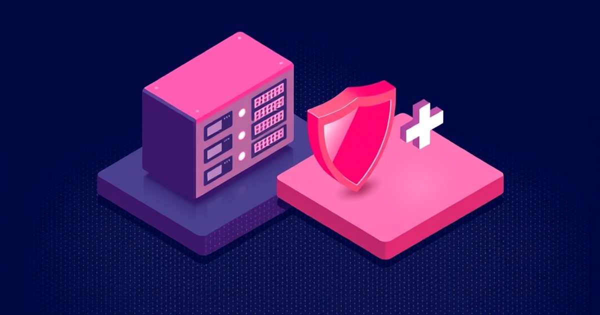 Flat isometric illustration of a pink server rack on a purple pad beside a pink shield and a white plus sign on a magenta pad, dark blue background.