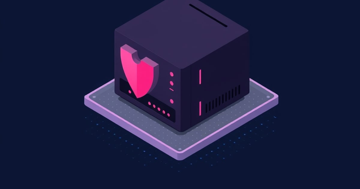 Flat isometric illustration of a dark appliance with a pink shield emblem standing on a lavender platform.