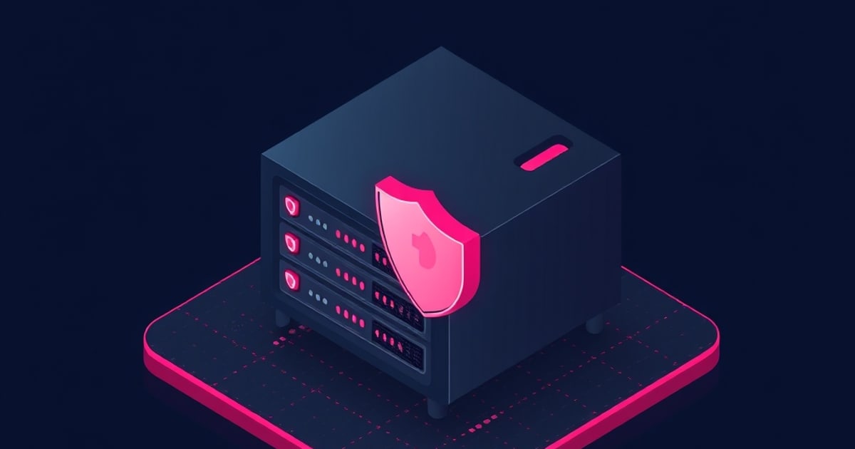 Flat isometric illustration of a rack box with glowing pink drive rows and a shield badge on a dark platform.