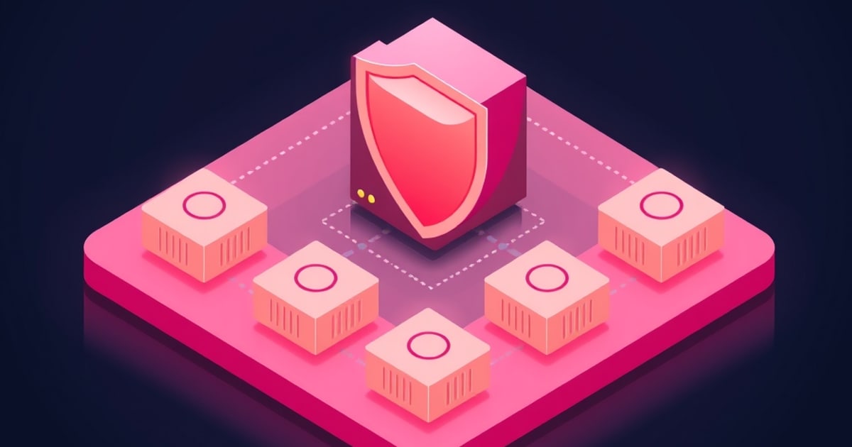 Flat isometric illustration of a glossy pink shield on a square platform, ringed by five pale hardware boxes linked by dotted routing paths on dark navy.