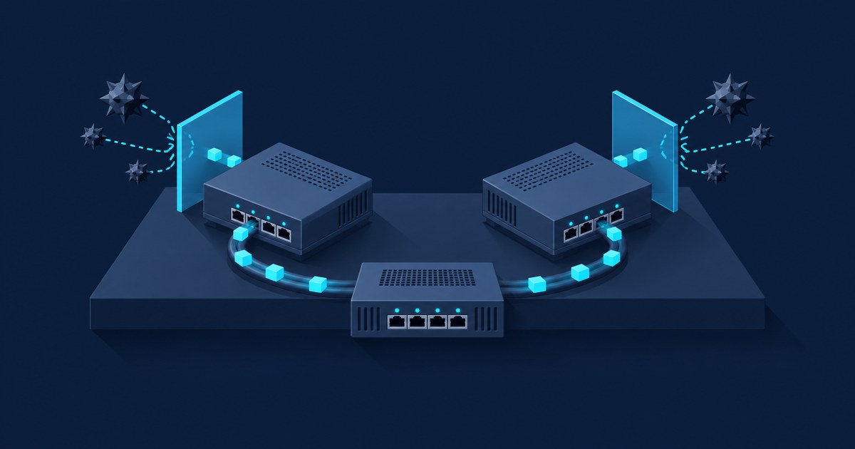 Two firewall appliances with glowing blue shield panels blocking spiky malware orbs, linked by a data cable to a central switch on a dark isometric platform